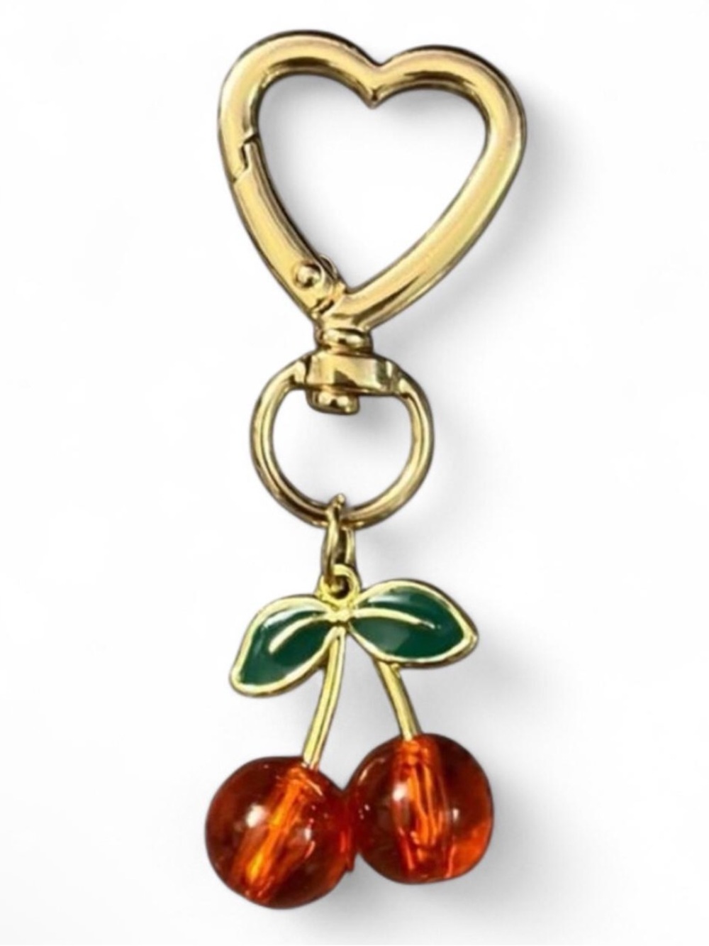 🍒 NEW Enamel Cherry Bag Charm/ Keychain Gold Heart Clasp Red Cherries